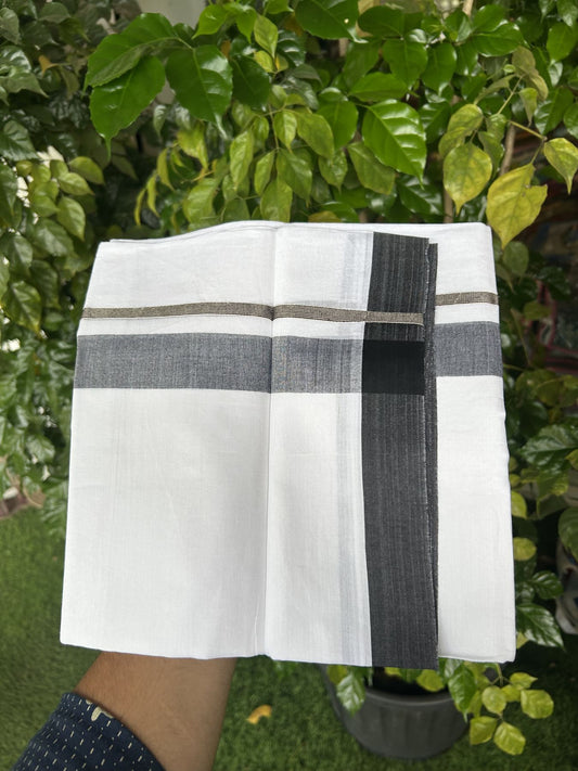 20% Discount! KaithariKada Balaramapuram 100% Cotton Double Pure white Mundu/Dhoti - 100X80 - 1.25 inch Silver Kasav Black shaded kara - 4 mtr ( 8.5 muzham) - 49 KK5341 VIN