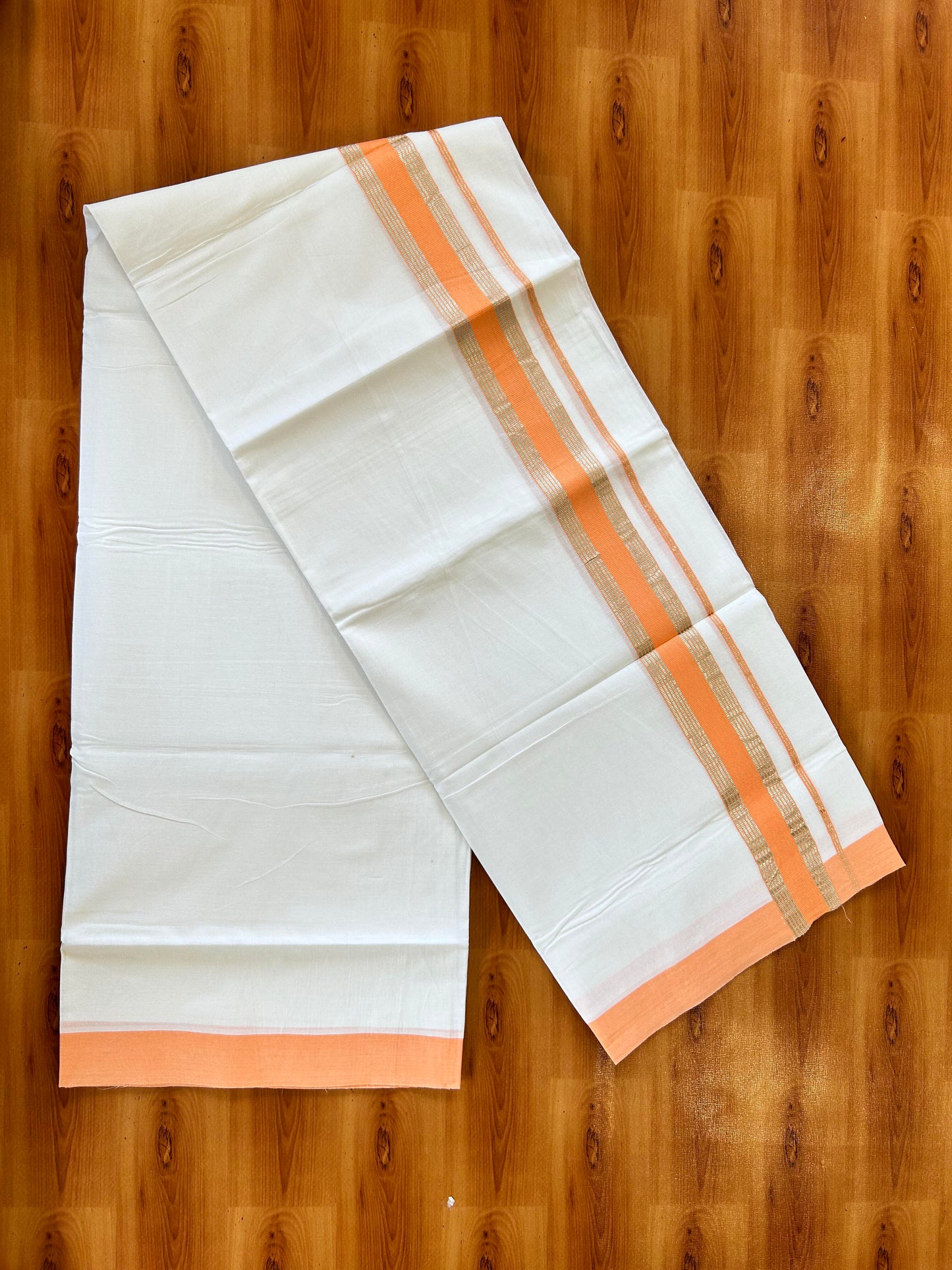 Pure White Double Mundu/Dhoti - 20% Discount ! Kaitharikada 100% Cotton - 100x80 - 1.75 inch Silver Kasav & Pumpkin Orange Stripes Kara 3.80 mtr (8 muzham) - 12 KK5456 THI