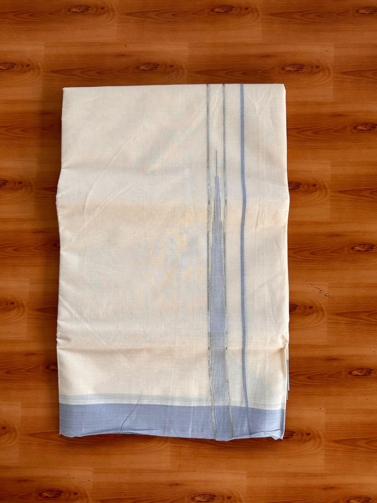 Double Off White (Unbleached) Mundu/Dhoti - 20% Discount! KaithariKada 100% Cotton - 80X90 - 0.75 inch Powder Blue Silver kasav Striped Chutty Kara 4 mtr (8.5 Muzham) - 23 KK5520 PMC