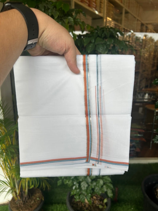 20% Discount !! Kaitharikada Balaramapuram 100% Cotton PURE WHITE DOUBLE Mundu/Dothi- 100X80 Thread - 0.5 inch - Silver Kasavu Orange & Cyan Design Chutty Kara - 14KK5184RAMS