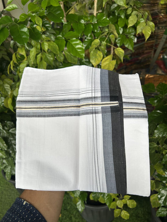 20% Discount! KaithariKada Balaramapuram 100% Cotton Double Pure white Mundu/Dhoti - 100X80 - 1.5 inch Silver Black & Ash Blue shaded Stripes kara - 4 mtr ( 8.5 muzham) - 134 KK5341 VIN