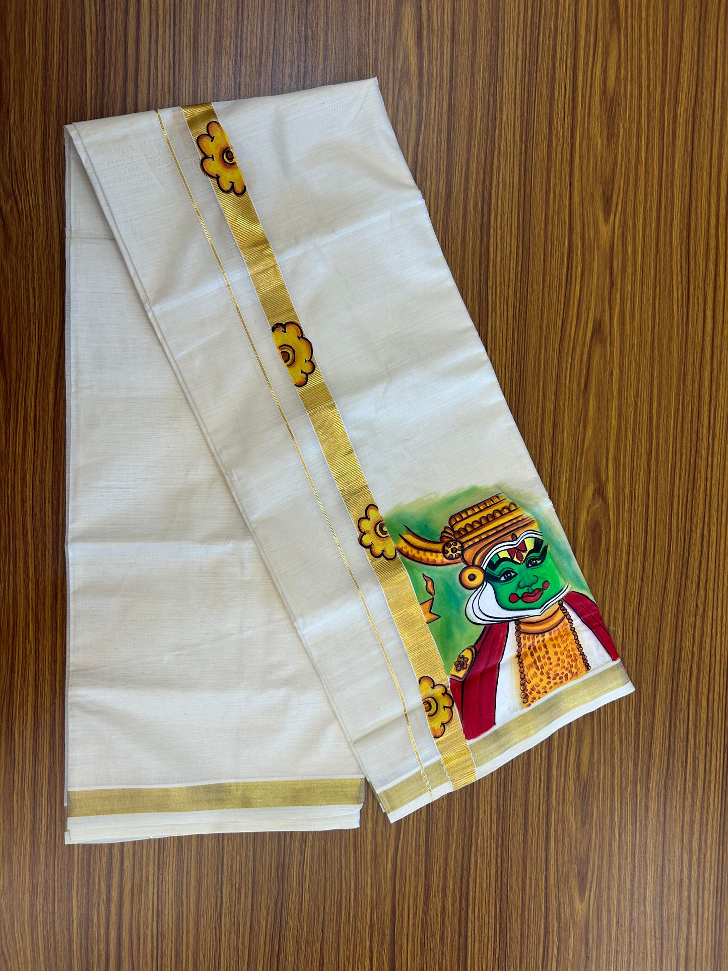 20% Discount! KaithariKada Balaramapuram 100% Cotton off white Double - (Unbleached) Mundu/Dhoti (80s) - 1 Inch Gold Kasavu Hand Painted Half Flower & Kadhakali - 24 KK5363 VIN