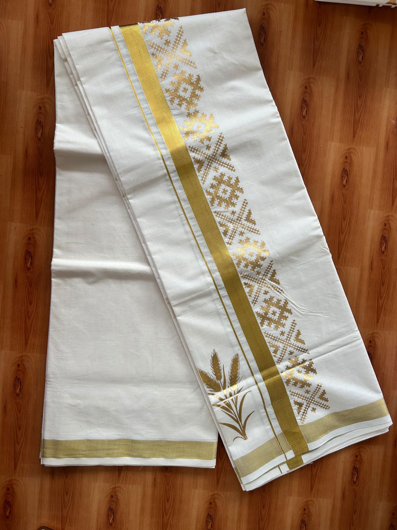 Double Off White (Unbleached) Mundu/Dhoti - 20% Discount!! KaithariKada Mixed Cotton (60s) - 3 inch Gold Kasav Printed Designer Kara 4 mtr (8.5 Muzham) - 4 KK5487 CKS
