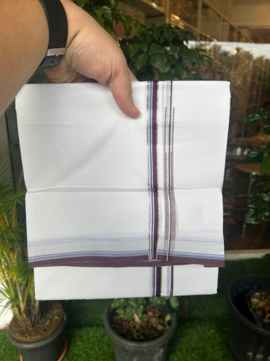 20% Discount !! Kaitharikada Balaramapuram 100% Cotton PURE WHITE DOUBLE Mundu/Dothi- 100X80 Thread - 0.5 inch - Silver Kasavu Purple & Blue Design Chutty Kara - 15KK5184RAMS
