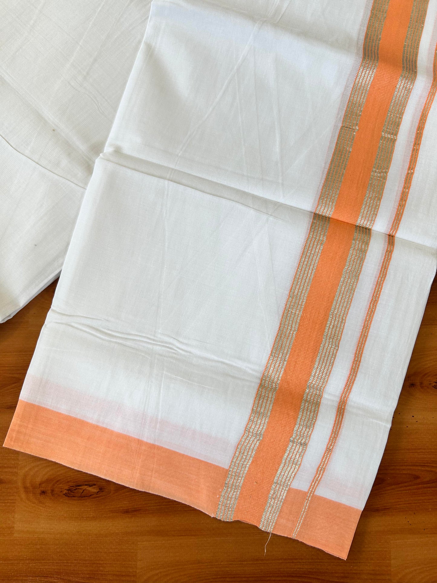 Pure White Double Mundu/Dhoti - 20% Discount ! Kaitharikada 100% Cotton - 100x80 - 1.75 inch Silver Kasav & Pumpkin Orange Stripes Kara 3.80 mtr (8 muzham) - 12 KK5456 THI