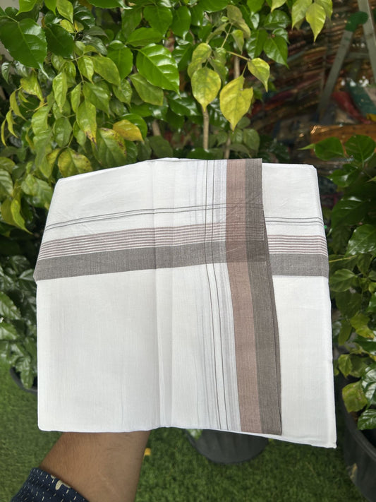 20% Discount! KaithariKada Balaramapuram 100% Cotton Double Pure white Mundu/Dhoti- 100X80 - 1.5 inch Brown & Dusty Rose kara - 4 mtr ( 8.5 muzham) - 7 KK5341 VIN