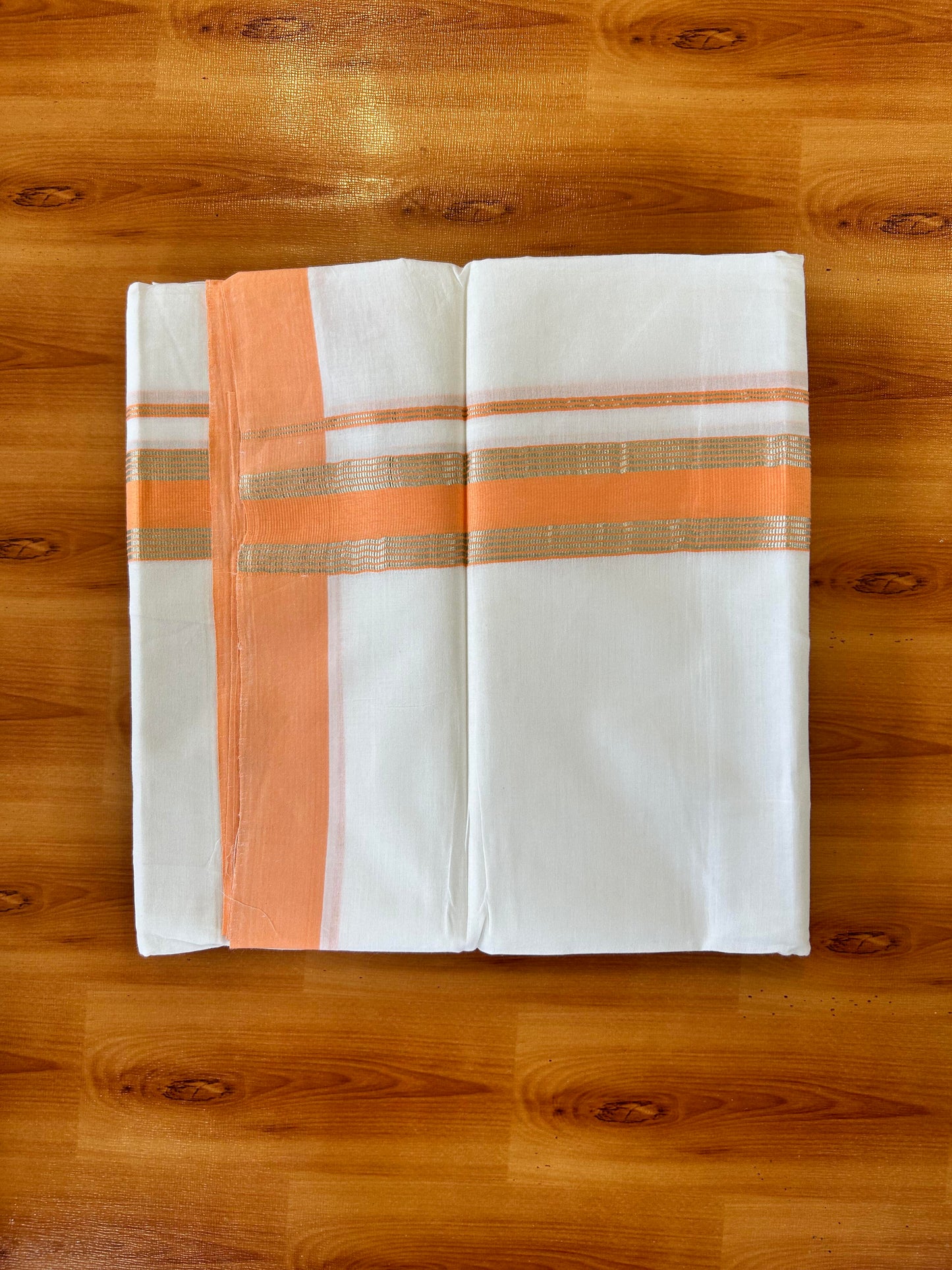 Pure White Double Mundu/Dhoti - 20% Discount ! Kaitharikada 100% Cotton - 100x80 - 1.75 inch Silver Kasav & Pumpkin Orange Stripes Kara 3.80 mtr (8 muzham) - 12 KK5456 THI