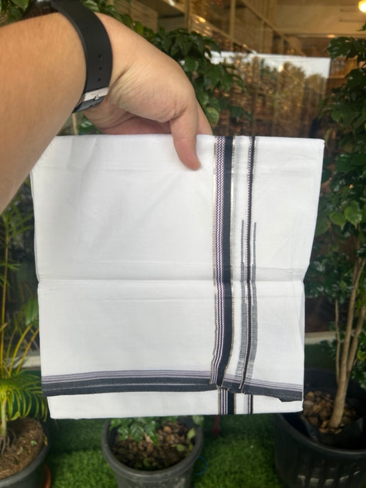 20% Discount !! Kaitharikada Balaramapuram 100% Cotton PURE WHITE DOUBLE Mundu/Dothi- 100X80 Thread - 0.5 inch - Silver Kasavu Navy Blue & Purple Design Chutty Kara - 11KK5184RAMS