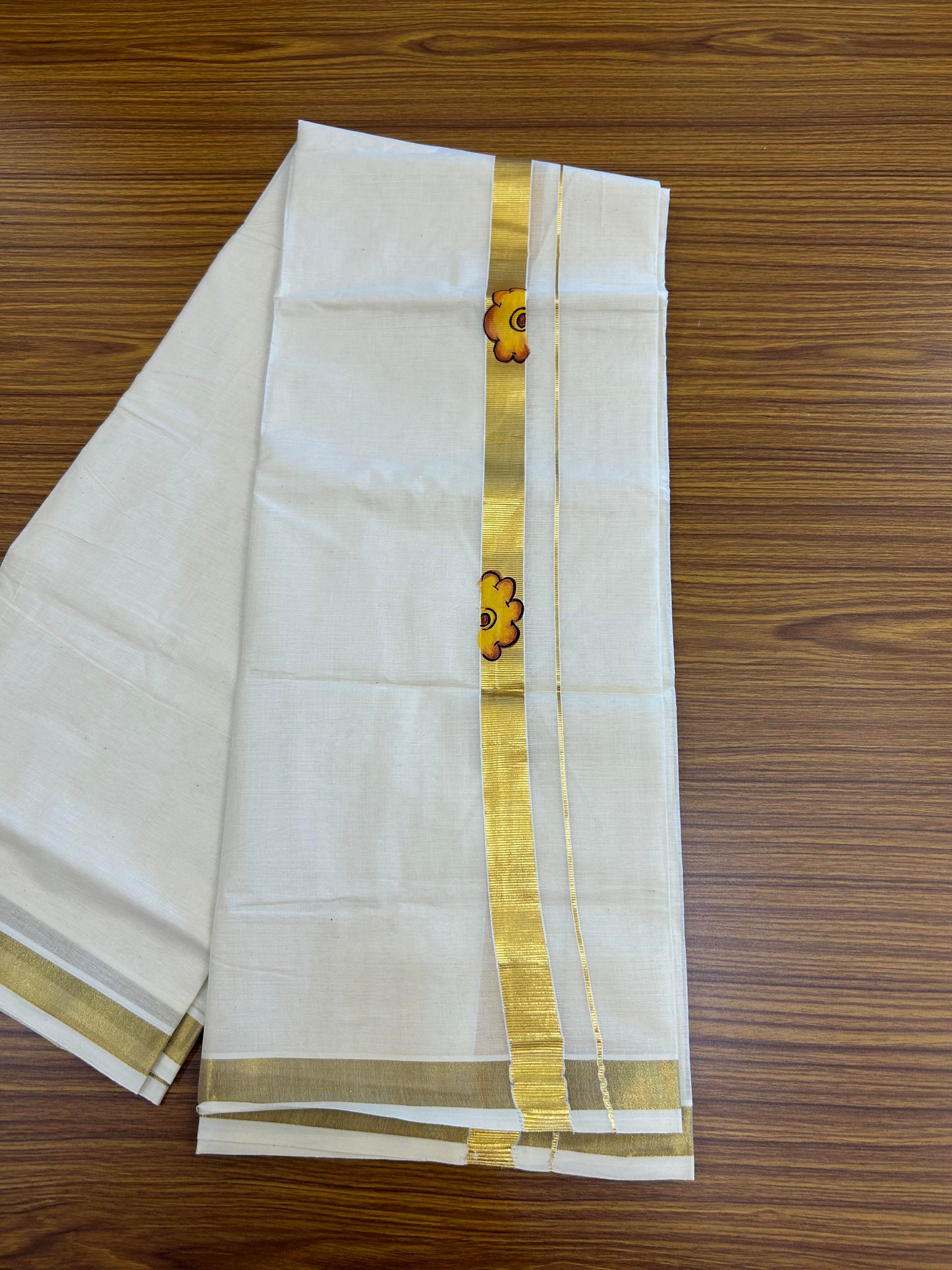 20% Discount! KaithariKada Balaramapuram 100% Cotton off white Double - (Unbleached) Mundu/Dhoti (80s) - 1 Inch Gold Kasavu Hand Painted Half Flower & Kadhakali - 24 KK5363 VIN