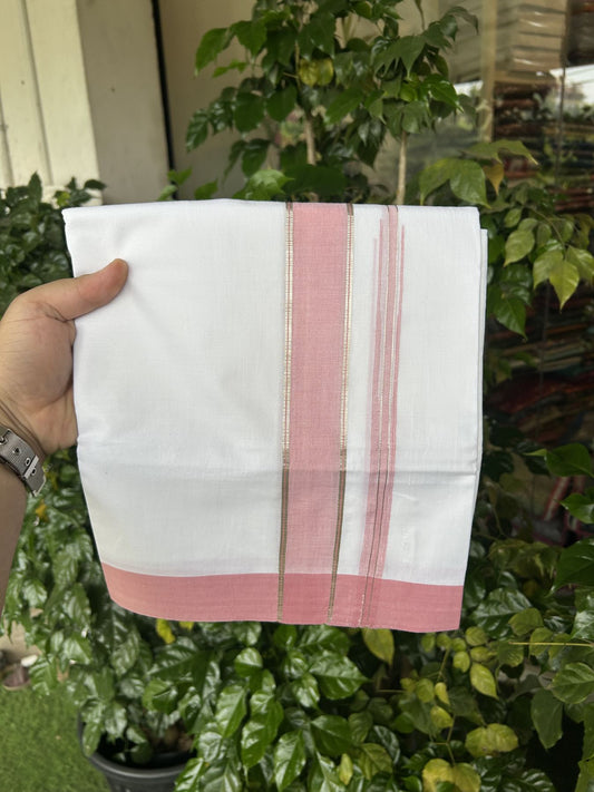 20% Discount! KaithariKada Balaramapuram 100% Cotton Double Pure white Mundu/Dhoti- 100X80 - 1.5 inch Puliyilakkara Silver Kasav & Peach Pink Chutty Kara - 4 mtr ( 8.5 muzham) - 31 KK5341 VIN