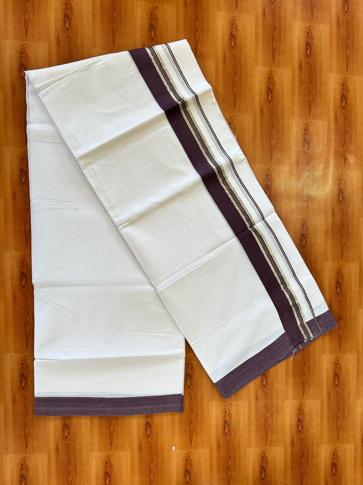 Pure White Double Mundu/Dhoti - 20% Discount ! Kaitharikada 100% Cotton - 100x80 - 1.75 inch Silver Kasav & Dark Purplish Brown Stripes Kara 3.80 mtr (8 muzham) - 14 KK5456 THI