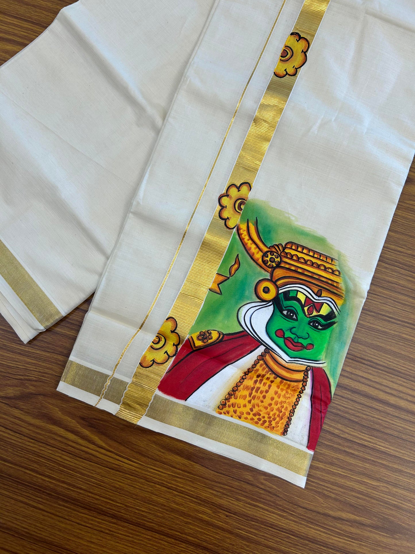 20% Discount! KaithariKada Balaramapuram 100% Cotton off white Double - (Unbleached) Mundu/Dhoti (80s) - 1 Inch Gold Kasavu Hand Painted Half Flower & Kadhakali - 24 KK5363 VIN