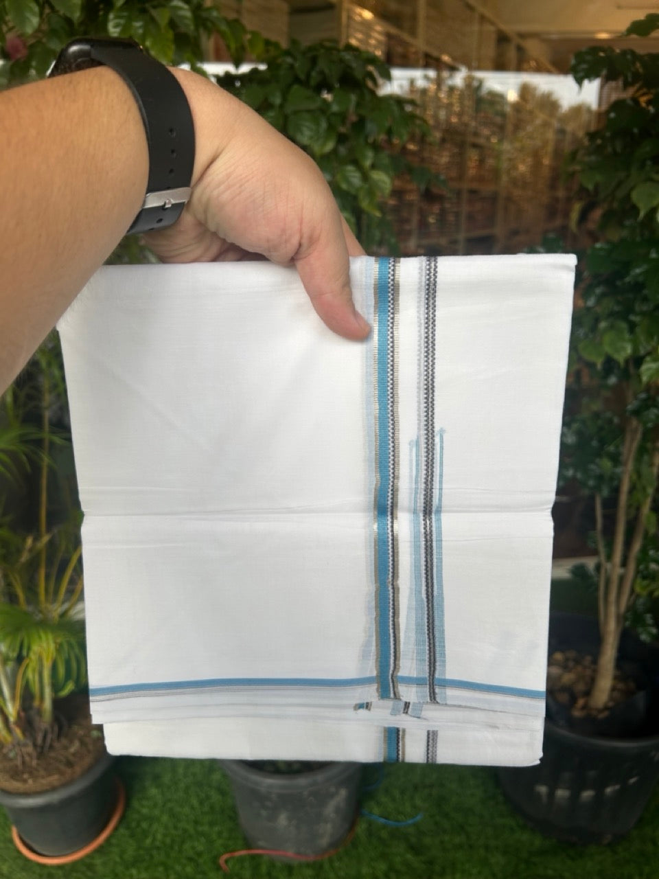 20% Discount !! Kaitharikada Balaramapuram 100% Cotton PURE WHITE DOUBLE Mundu/Dothi- 100X80 Thread - 0.5 inch - Silver Kasavu Black & Cyan Design Chutty Kara - 10KK5184RAMS
