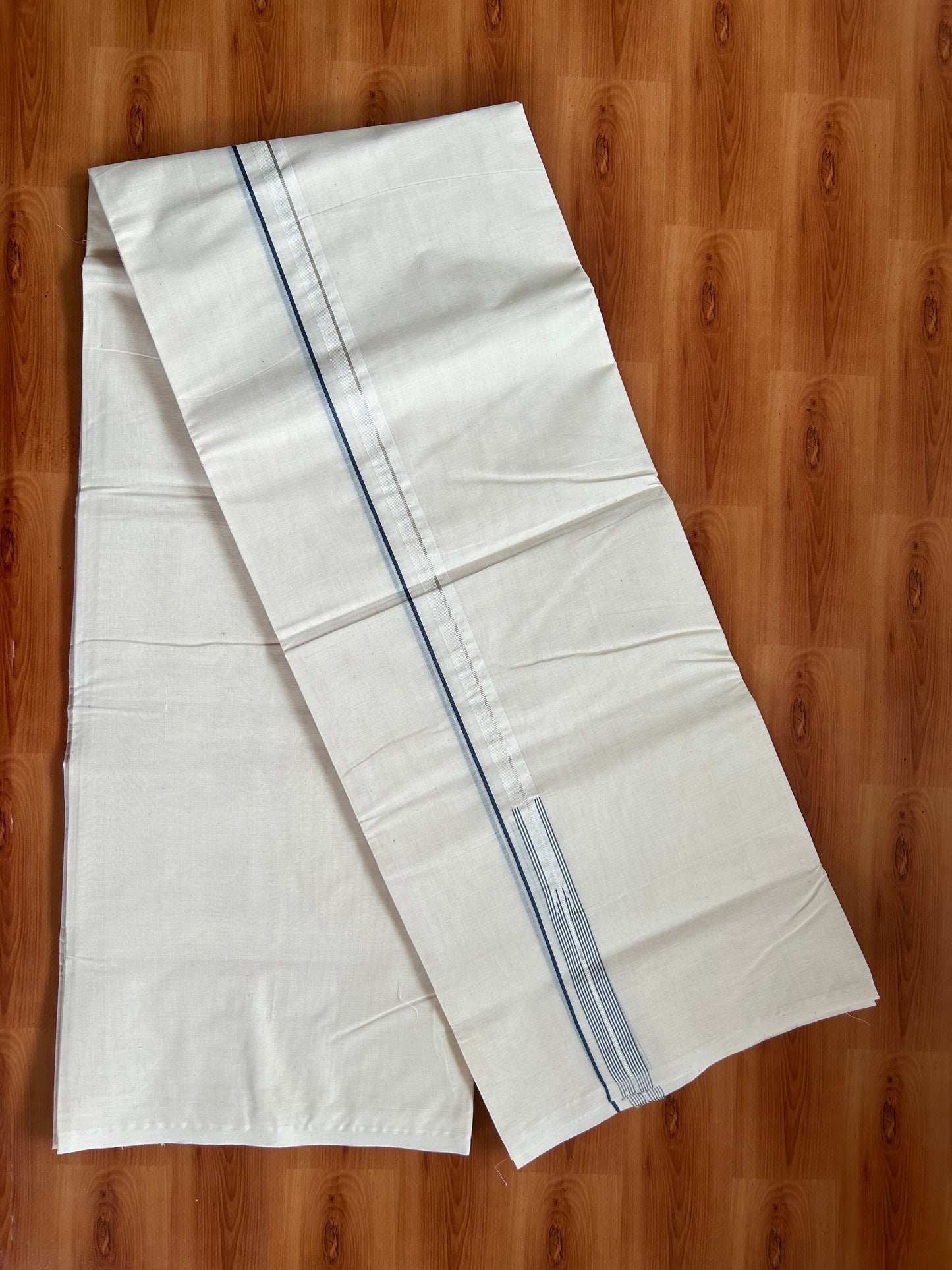 20% Discount! KaithariKada Balaramapuram 100% Cotton Double Off white Mundu/Dhoti- 100x100 - 0.75 inch Puliyilakkara Silver Kasav & Dark Ash Blue Striped Chutty Kara - 4 mtr (8.5 muzham) - 2 KK5381 ASH