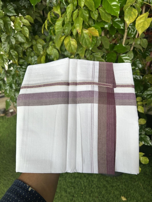 20% Discount! KaithariKada Balaramapuram 100% Cotton Double Pure white Mundu/Dhoti - 100X80 - 1.25 inch Silver Kasav Sage Green & Eggplant shaded kara - 4 mtr ( 8.5 muzham) - 90 KK5341 VIN