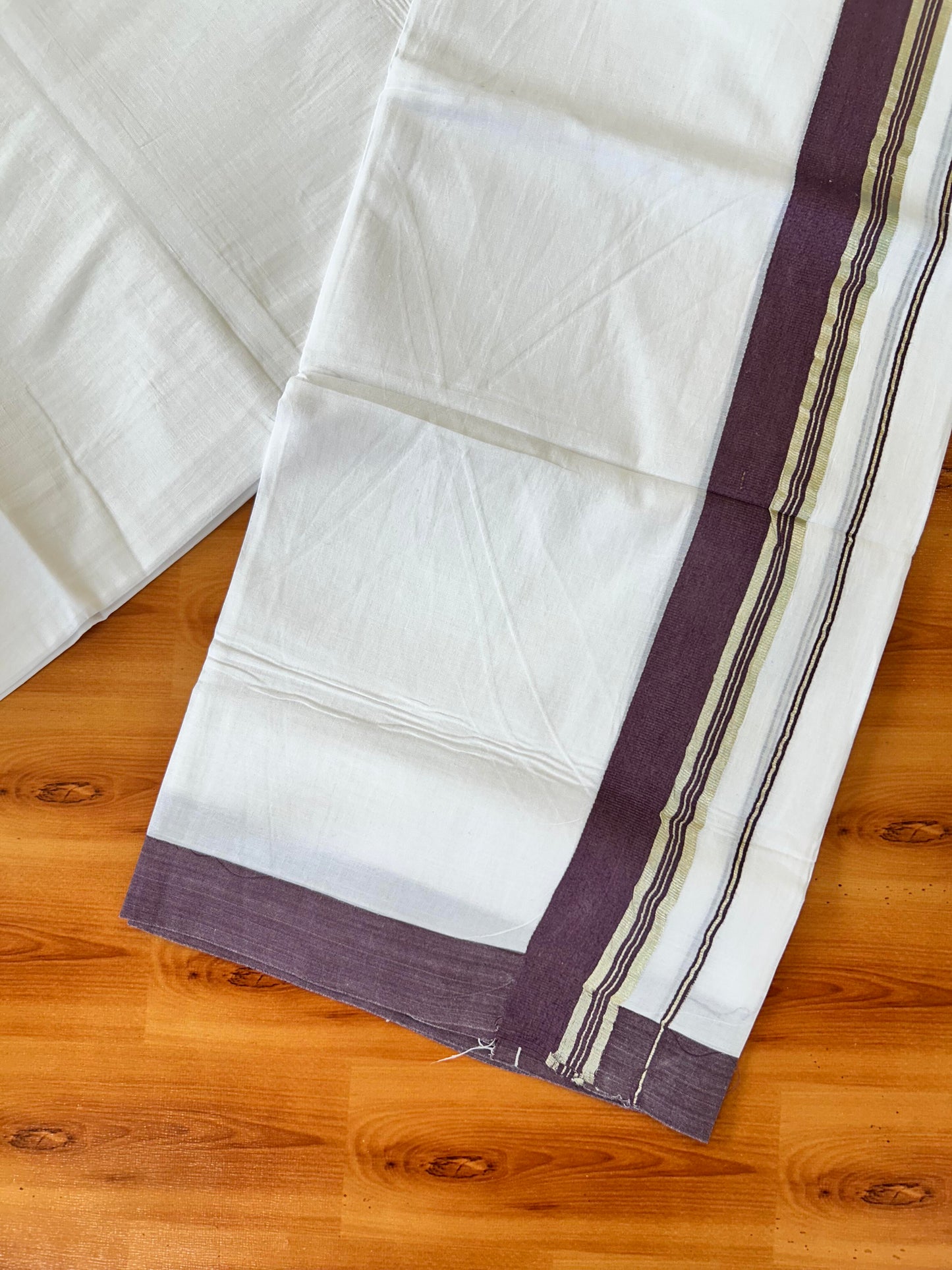 Pure White Double Mundu/Dhoti - 20% Discount ! Kaitharikada 100% Cotton - 100x80 - 1.75 inch Silver Kasav & Dark Purplish Brown Stripes Kara 3.80 mtr (8 muzham) - 14 KK5456 THI