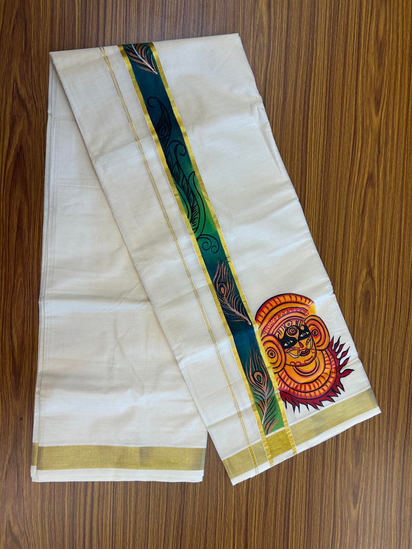20% Discount! KaithariKada Balaramapuram 100% Cotton off white Double - (Unbleached) Mundu/Dhoti (80s) - 1.75 Inch Gold Kasavu Hand Painted Dark Green Peacock Feather & Theyyam - 23 KK5363 VIN