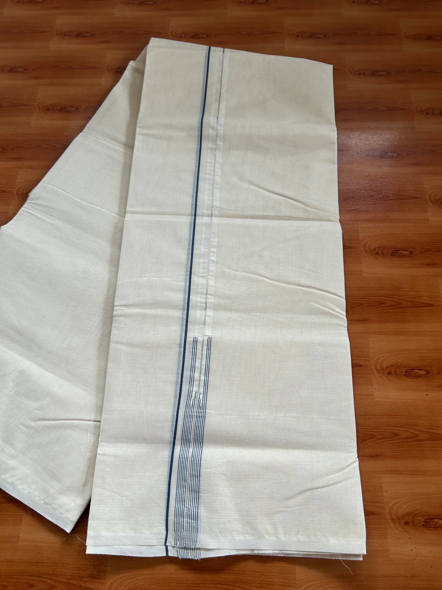 20% Discount! KaithariKada Balaramapuram 100% Cotton Double Off white Mundu/Dhoti- 100x100 - 0.75 inch Puliyilakkara Silver Kasav & Dark Ash Blue Striped Chutty Kara - 4 mtr (8.5 muzham) - 2 KK5381 ASH