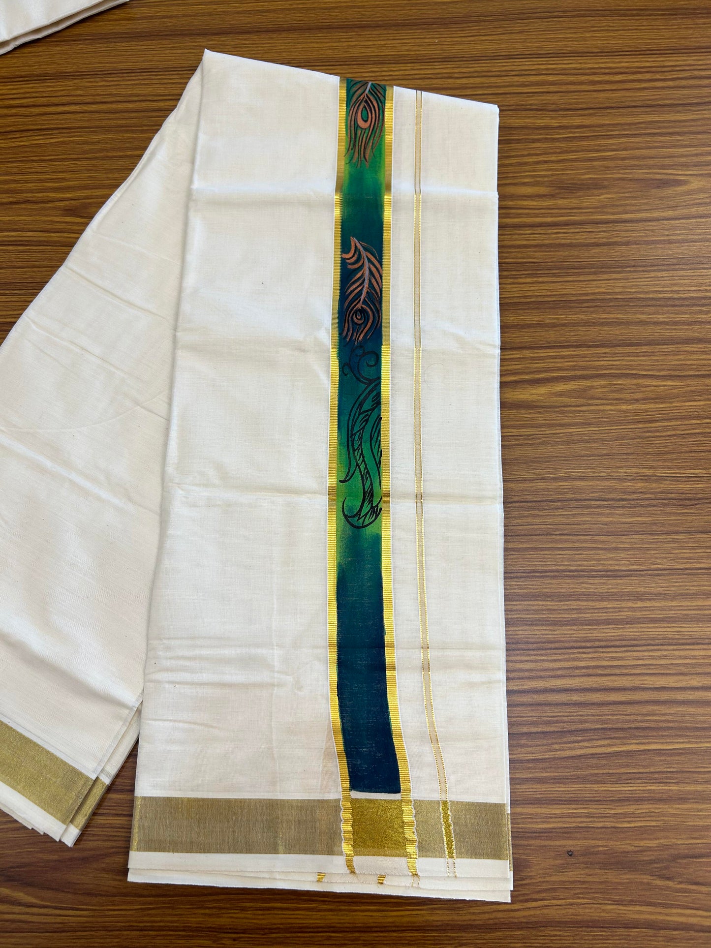 20% Discount! KaithariKada Balaramapuram 100% Cotton off white Double - (Unbleached) Mundu/Dhoti (80s) - 1.75 Inch Gold Kasavu Hand Painted Dark Green Peacock Feather & Theyyam - 23 KK5363 VIN