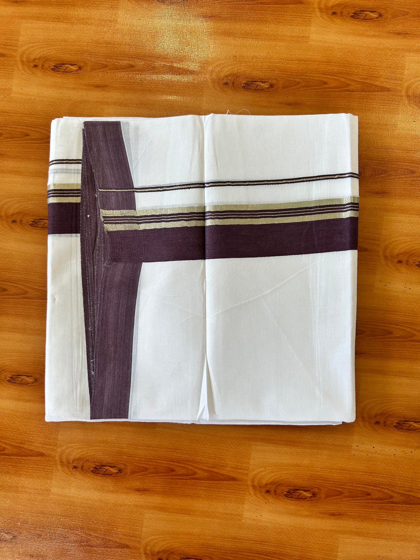 Pure White Double Mundu/Dhoti - 20% Discount ! Kaitharikada 100% Cotton - 100x80 - 1.75 inch Silver Kasav & Dark Purplish Brown Stripes Kara 3.80 mtr (8 muzham) - 14 KK5456 THI