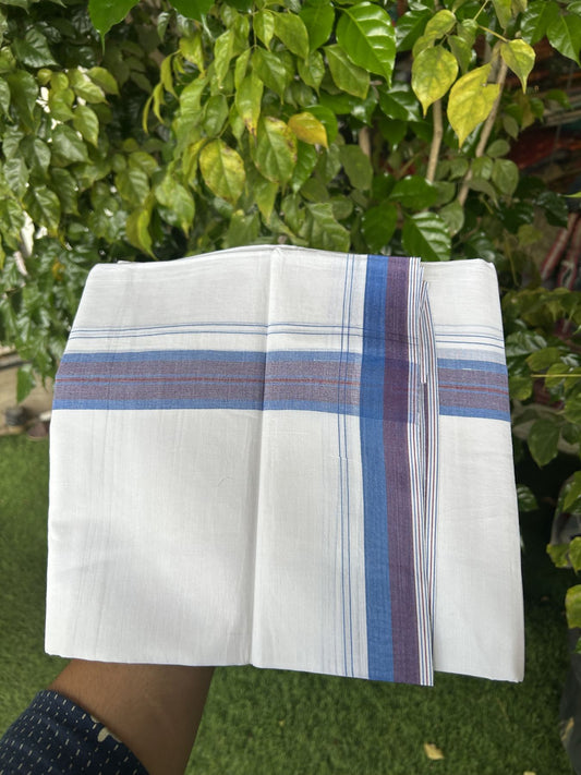 20% Discount! KaithariKada Balaramapuram 100% Cotton Double Pure white Mundu/Dhoti - 100X80 - 1.5 inch Blue & Maroon shaded Stripes kara - 4 mtr ( 8.5 muzham) - 123 KK5341 VIN