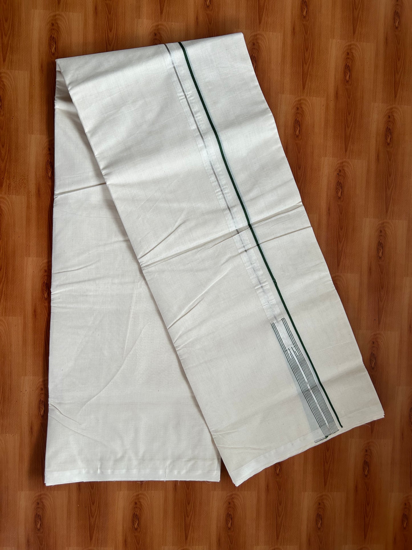 20% Discount! KaithariKada Balaramapuram 100% Cotton Double Off white Mundu/Dhoti- 100x100 - 0.75 inch Puliyilakkara Silver Kasav & Green Striped Chutty Kara - 4 mtr (8.5 muzham) - 3 KK5381 ASH