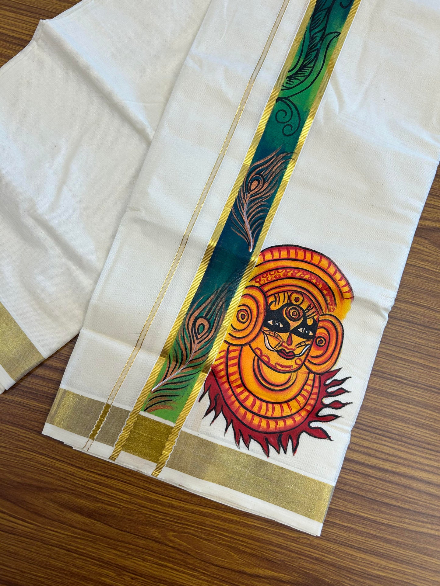 20% Discount! KaithariKada Balaramapuram 100% Cotton off white Double - (Unbleached) Mundu/Dhoti (80s) - 1.75 Inch Gold Kasavu Hand Painted Dark Green Peacock Feather & Theyyam - 23 KK5363 VIN