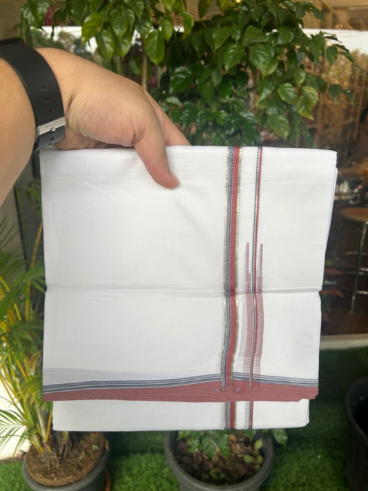 20% Discount !! Kaitharikada Balaramapuram 100% Cotton PURE WHITE DOUBLE Mundu/Dothi- 100X80 Thread - 0.5 inch - Silver Kasavu Black & Brick Red Design Chutty Kara - 9KK5184RAMS