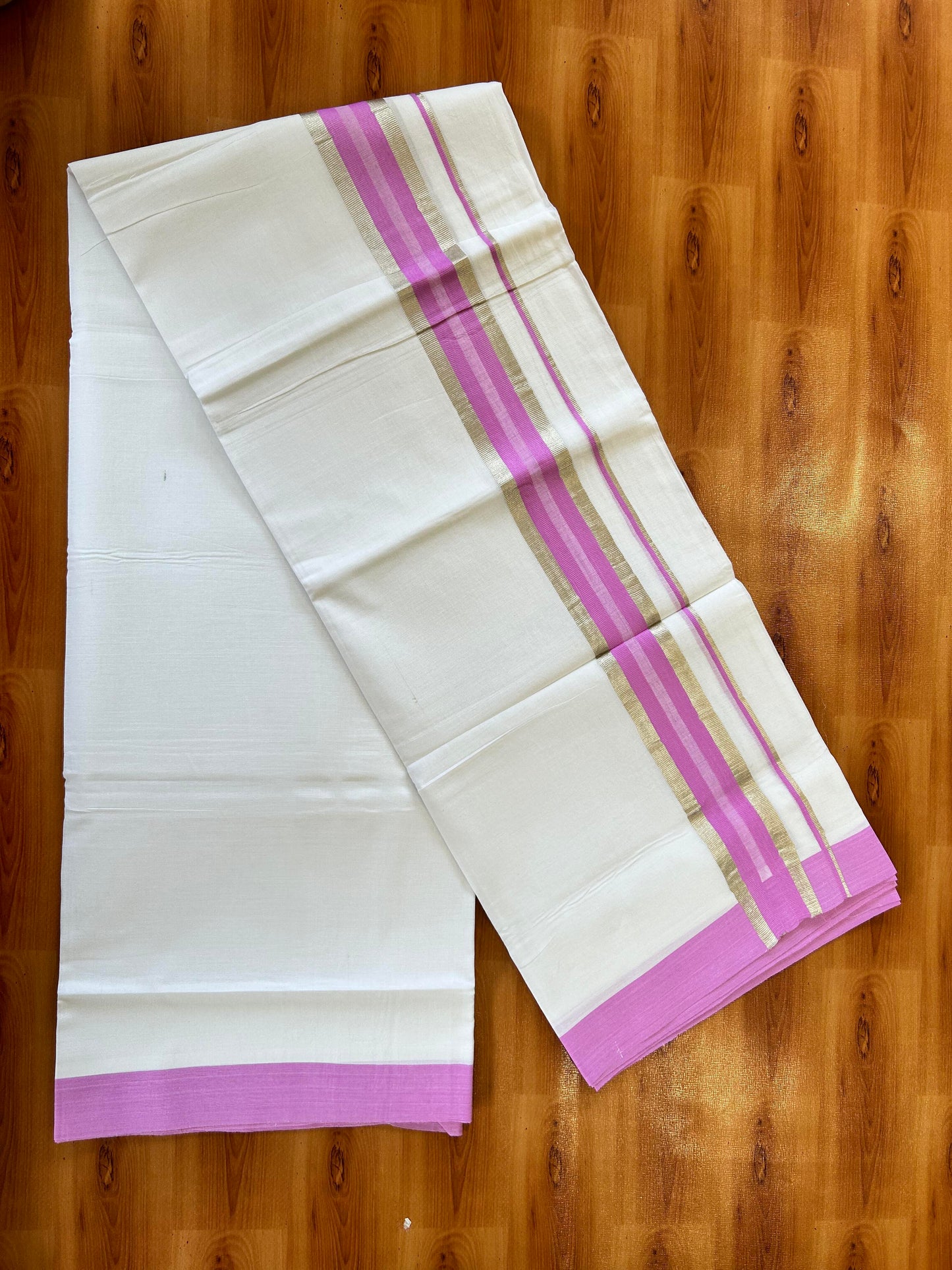 Pure White Double Mundu/Dhoti - 20% Discount ! Kaitharikada 100% Cotton - 100x80 - 2 inch Silver Kasav & Pink Stripes Kara 3.80 mtr (8 muzham) - 27 KK5456 THI