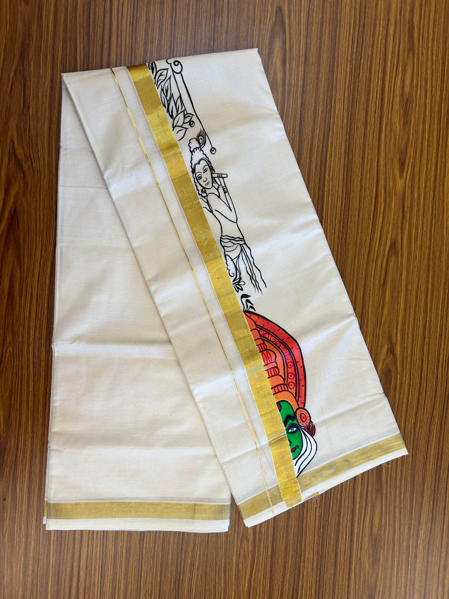 20% Discount! KaithariKada Balaramapuram 100% Cotton off white Double - (Unbleached) Mundu/Dhoti (80s) - 1 Inch Gold Kasavu Hand Painted Krishna & Half Kadhakali - 25 KK5363 VIN