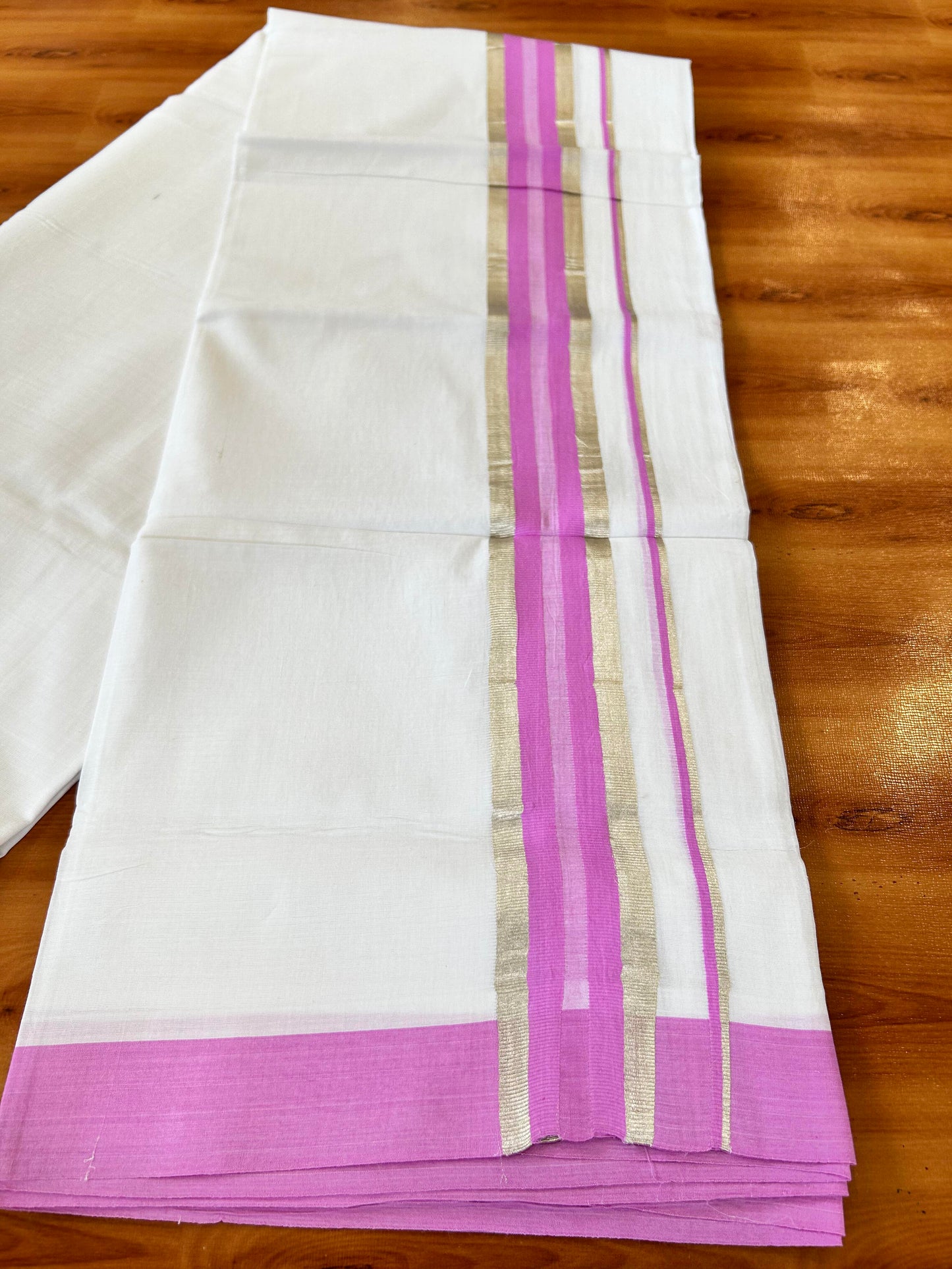 Pure White Double Mundu/Dhoti - 20% Discount ! Kaitharikada 100% Cotton - 100x80 - 2 inch Silver Kasav & Pink Stripes Kara 3.80 mtr (8 muzham) - 27 KK5456 THI