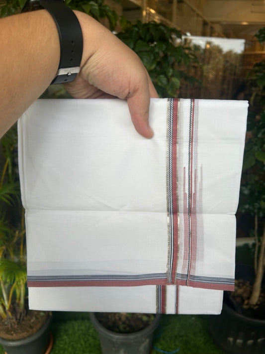 20% Discount !! Kaitharikada Balaramapuram 100% Cotton PURE WHITE DOUBLE Mundu/Dothi- 100X80 Thread - 0.5 inch - Silver Kasavu Brick Red & Black Design Chutty Kara - 16KK5184RAMS