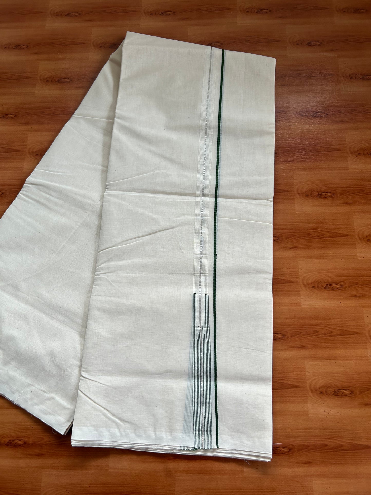 20% Discount! KaithariKada Balaramapuram 100% Cotton Double Off white Mundu/Dhoti- 100x100 - 0.75 inch Puliyilakkara Silver Kasav & Green Striped Chutty Kara - 4 mtr (8.5 muzham) - 3 KK5381 ASH