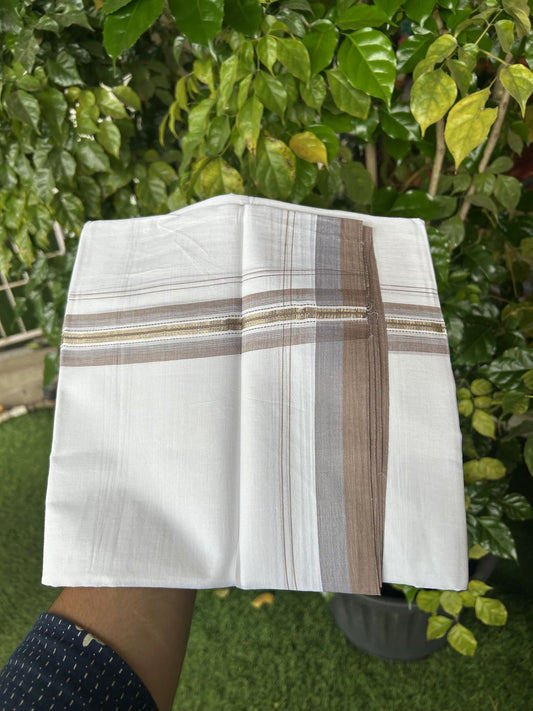 20% Discount! KaithariKada Balaramapuram 100% Cotton Double Pure white Mundu/Dhoti - 100X80 - 1.5 inch Silver Light Brown & Light Ash Blue shaded Stripes kara - 4 mtr ( 8.5 muzham) - 132 KK5341 VIN