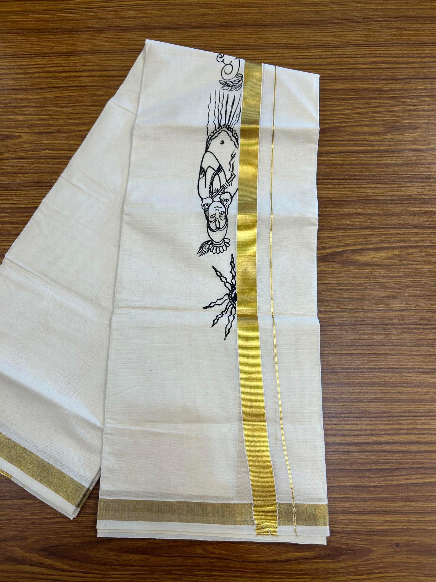 20% Discount! KaithariKada Balaramapuram 100% Cotton off white Double - (Unbleached) Mundu/Dhoti (80s) - 1 Inch Gold Kasavu Hand Painted Krishna & Half Kadhakali - 25 KK5363 VIN