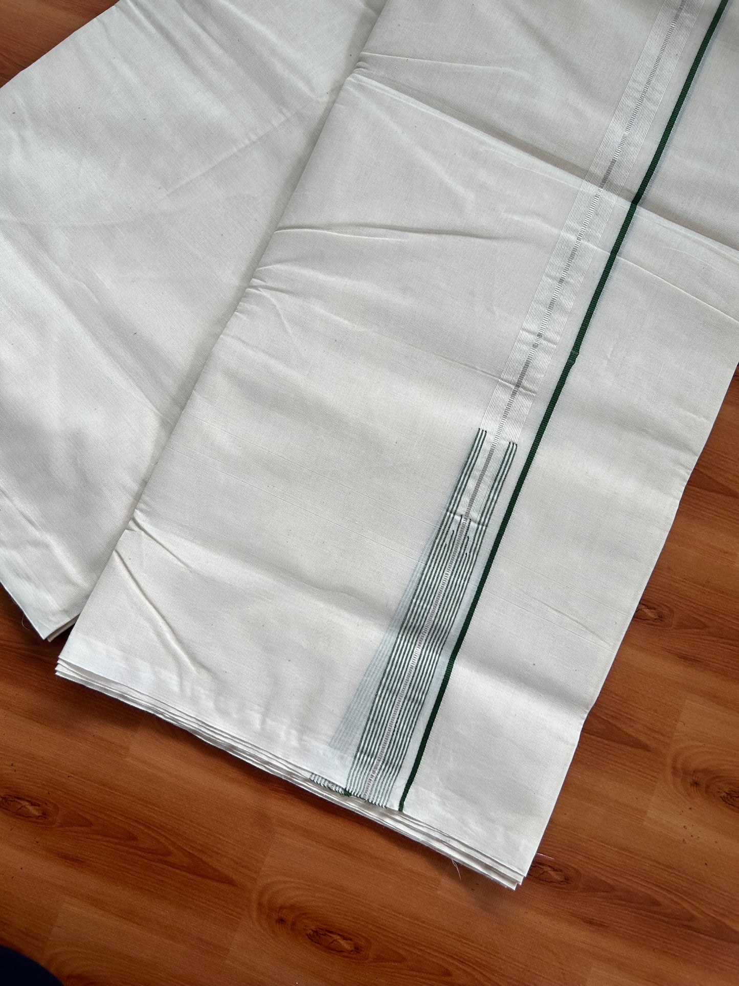 20% Discount! KaithariKada Balaramapuram 100% Cotton Double Off white Mundu/Dhoti- 100x100 - 0.75 inch Puliyilakkara Silver Kasav & Green Striped Chutty Kara - 4 mtr (8.5 muzham) - 3 KK5381 ASH
