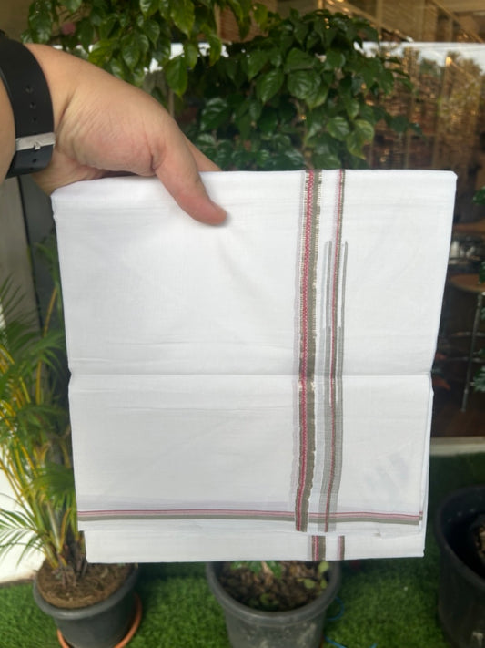 20% Discount !! Kaitharikada Balaramapuram 100% Cotton PURE WHITE DOUBLE Mundu/Dothi- 100X80 Thread - 0.25 inch - Silver Kasavu Red & Light Olive Green Design Chutty Kara - 5KK5184RAMS