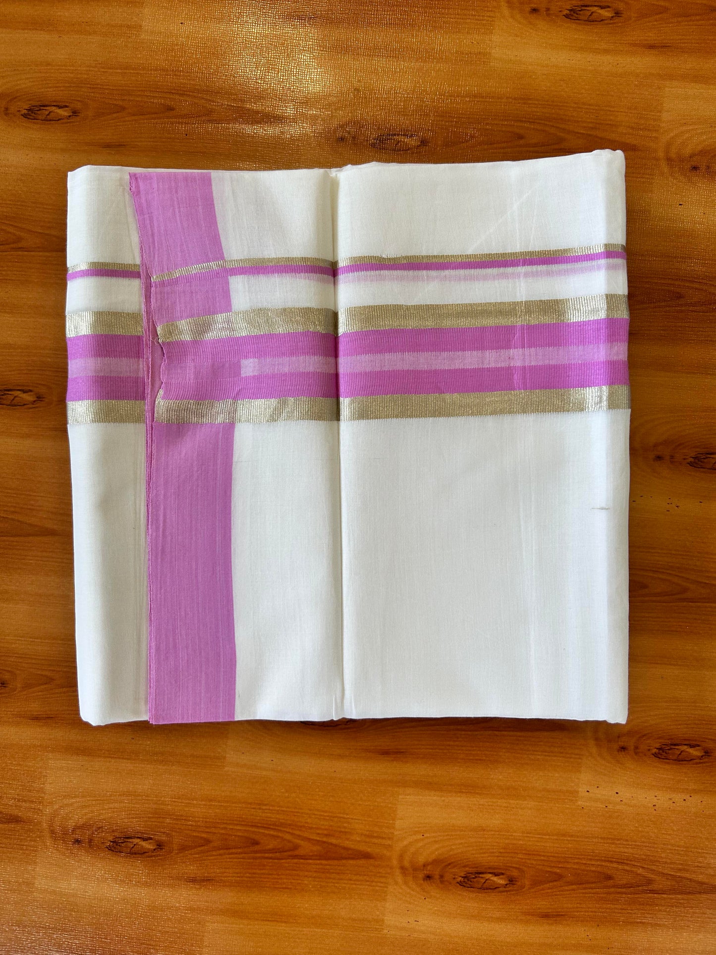Pure White Double Mundu/Dhoti - 20% Discount ! Kaitharikada 100% Cotton - 100x80 - 2 inch Silver Kasav & Pink Stripes Kara 3.80 mtr (8 muzham) - 27 KK5456 THI