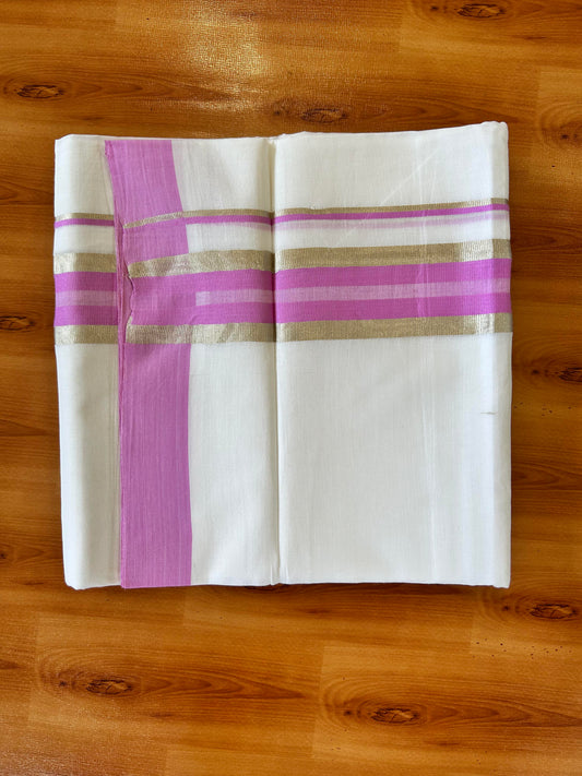 Pure White Double Mundu/Dhoti - 20% Discount ! Kaitharikada 100% Cotton - 100x80 - 2 inch Silver Kasav & Pink Stripes Kara 3.80 mtr (8 muzham) - 27 KK5456 THI