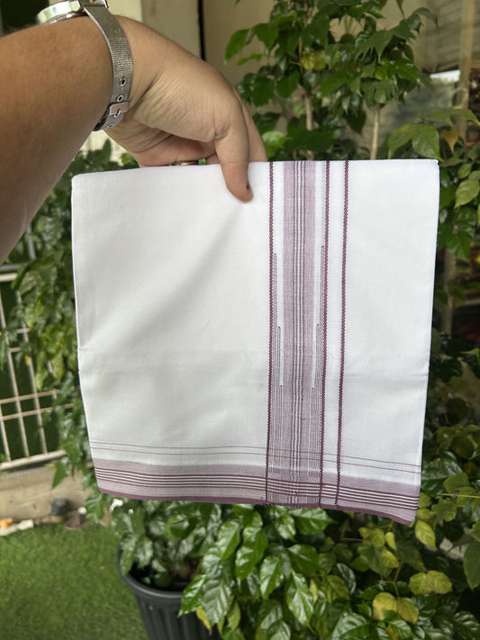 20% Discount! KaithariKada Balaramapuram 100% Cotton Double Pure white Mundu/Dhoti - 100X80 - 1.25 inch Wine Purple Stripes Chutty kara - 4 mtr ( 8.5 muzham) - 105 KK5341 VIN
