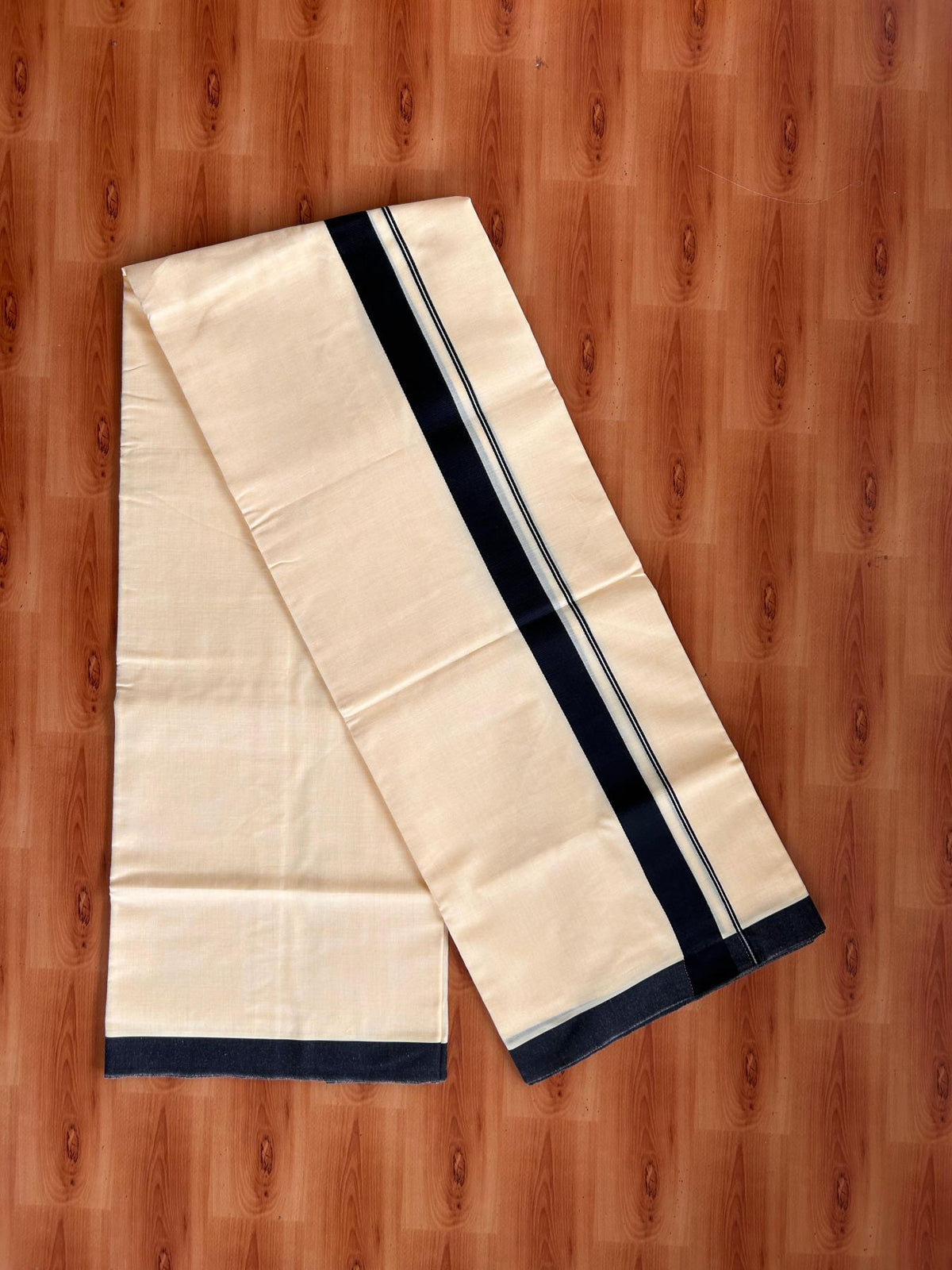 Kannur Yellow Double Mundu/Dhoti - 20% Discount! KaithariKada - 60s - 50% Cotton & 50% Polyester - Kannur Yellow Colour Body with 1.25 inch Black Kara - 4 mtr (8.5 muzham) - 2 KK5522 VAS