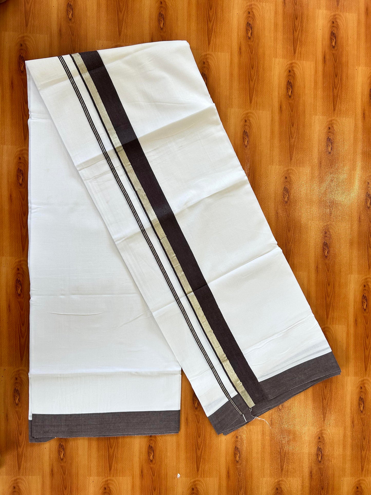 Pure White Double Mundu/Dhoti - 20% Discount ! Kaitharikada 100% Cotton - 100x80 - 1.5 inch Silver Kasav & Chocolate Brown Stripes Kara 3.80 mtr (8 muzham) - 13 KK5456 THI