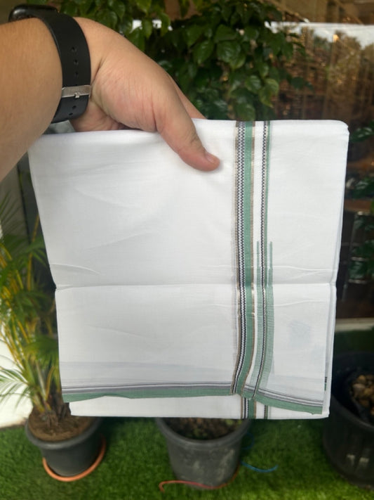 20% Discount !! Kaitharikada Balaramapuram 100% Cotton PURE WHITE DOUBLE Mundu/Dothi- 100X80 Thread - 0.5 inch - Silver Kasavu Black & Pista Green Design Chutty Kara - 6KK5184RAMS