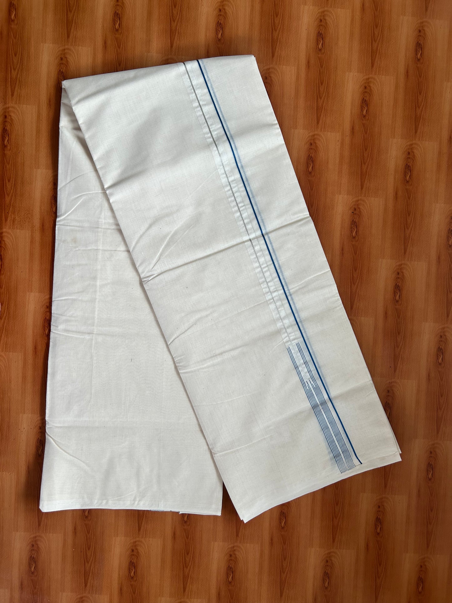 20% Discount! KaithariKada Balaramapuram 100% Cotton Double Off white Mundu/Dhoti- 100x100 - 0.75 inch Puliyilakkara Silver Kasav & Blue Striped Chutty Kara - 4 mtr (8.5 muzham) - 5 KK5381 ASH