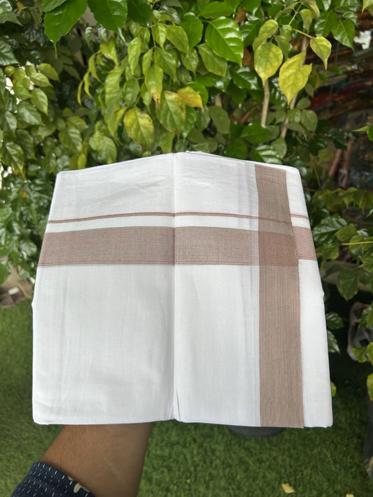20% Discount! KaithariKada Balaramapuram 100% Cotton Double Pure white Mundu/Dhoti - 100X80 - 1.5 inch Brick red & Mint green shaded striped kara - 4 mtr ( 8.5 muzham) - 44 KK5341 VIN