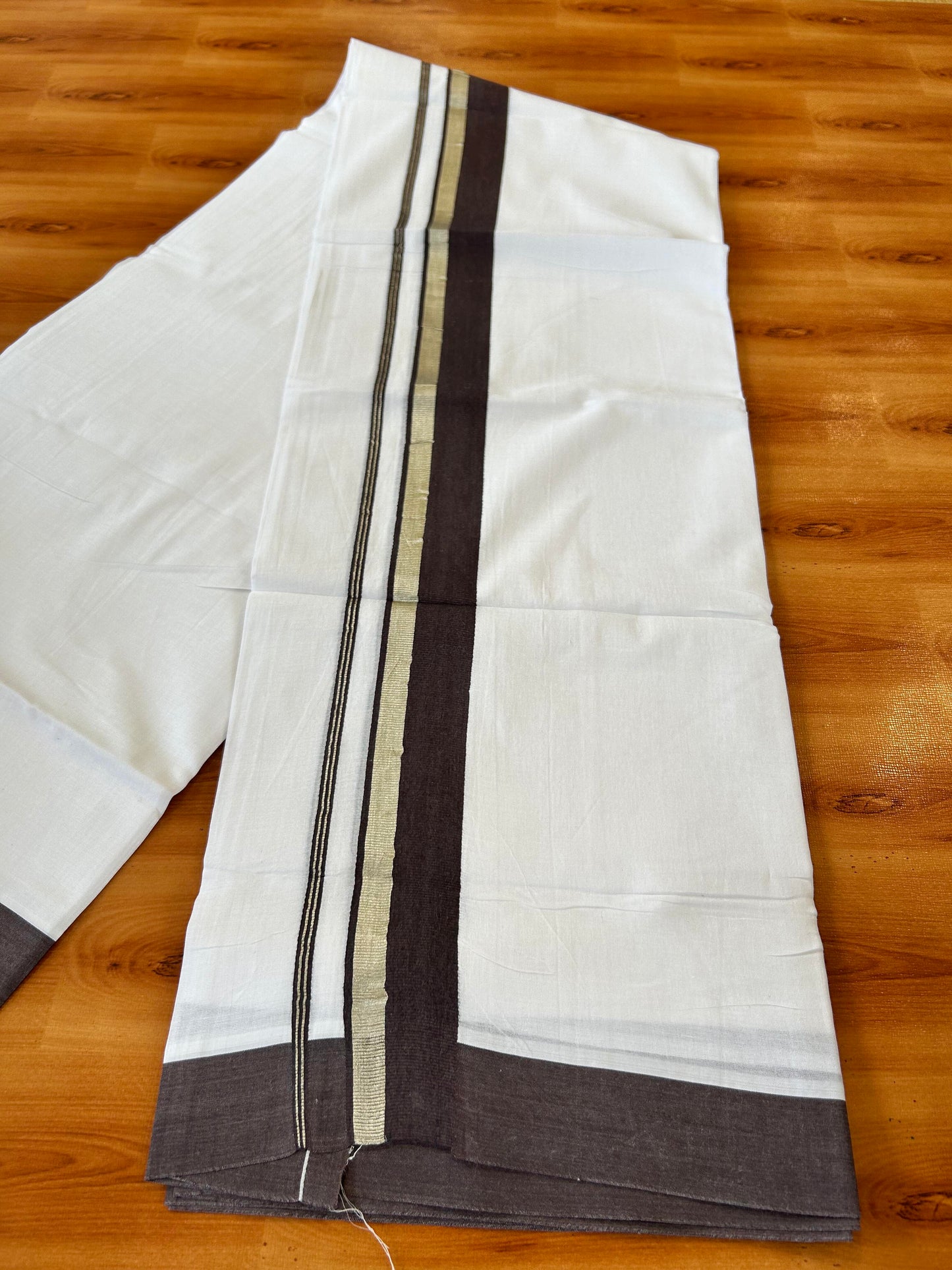 Pure White Double Mundu/Dhoti - 20% Discount ! Kaitharikada 100% Cotton - 100x80 - 1.5 inch Silver Kasav & Chocolate Brown Stripes Kara 3.80 mtr (8 muzham) - 13 KK5456 THI