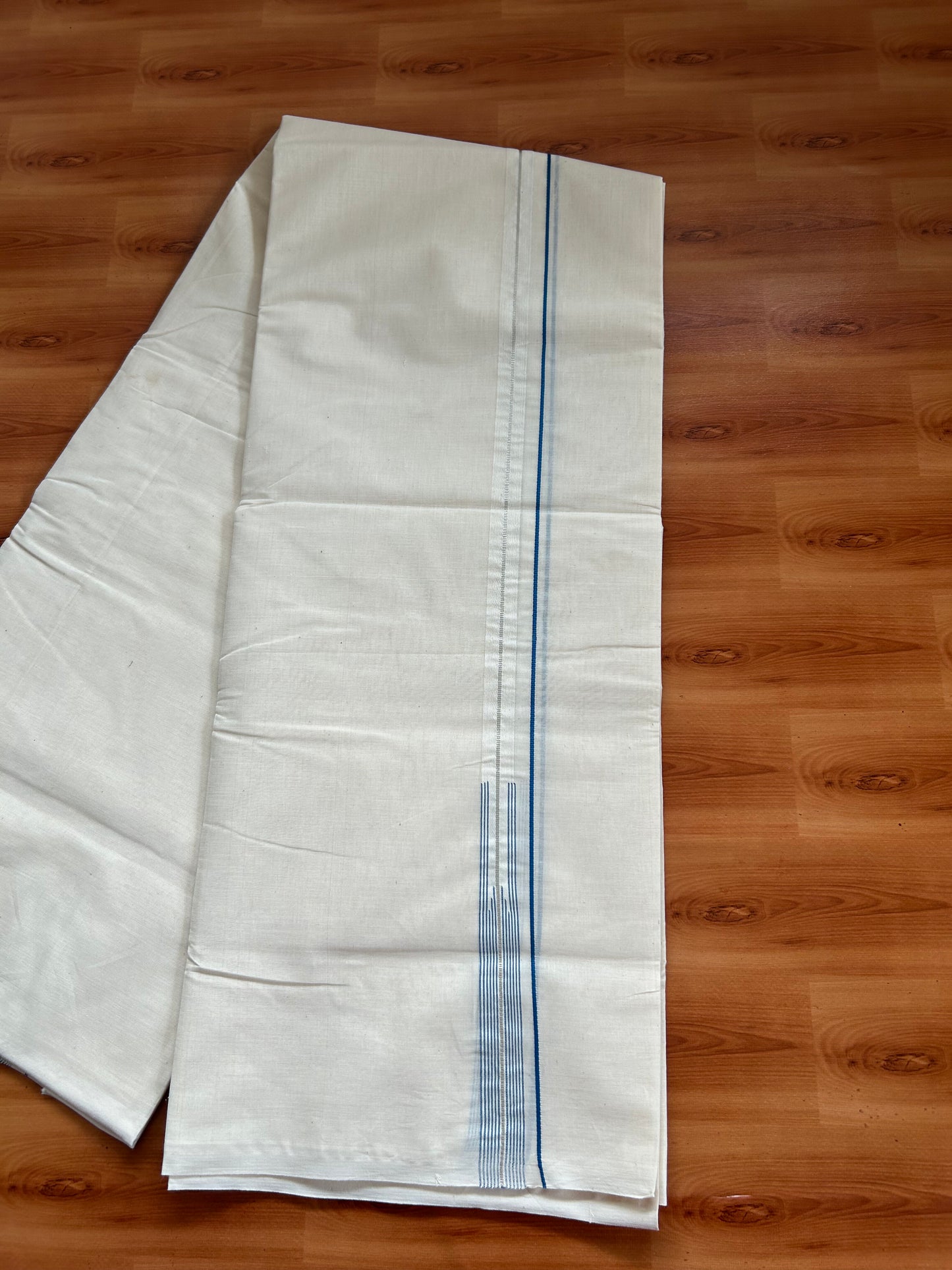 20% Discount! KaithariKada Balaramapuram 100% Cotton Double Off white Mundu/Dhoti- 100x100 - 0.75 inch Puliyilakkara Silver Kasav & Blue Striped Chutty Kara - 4 mtr (8.5 muzham) - 5 KK5381 ASH
