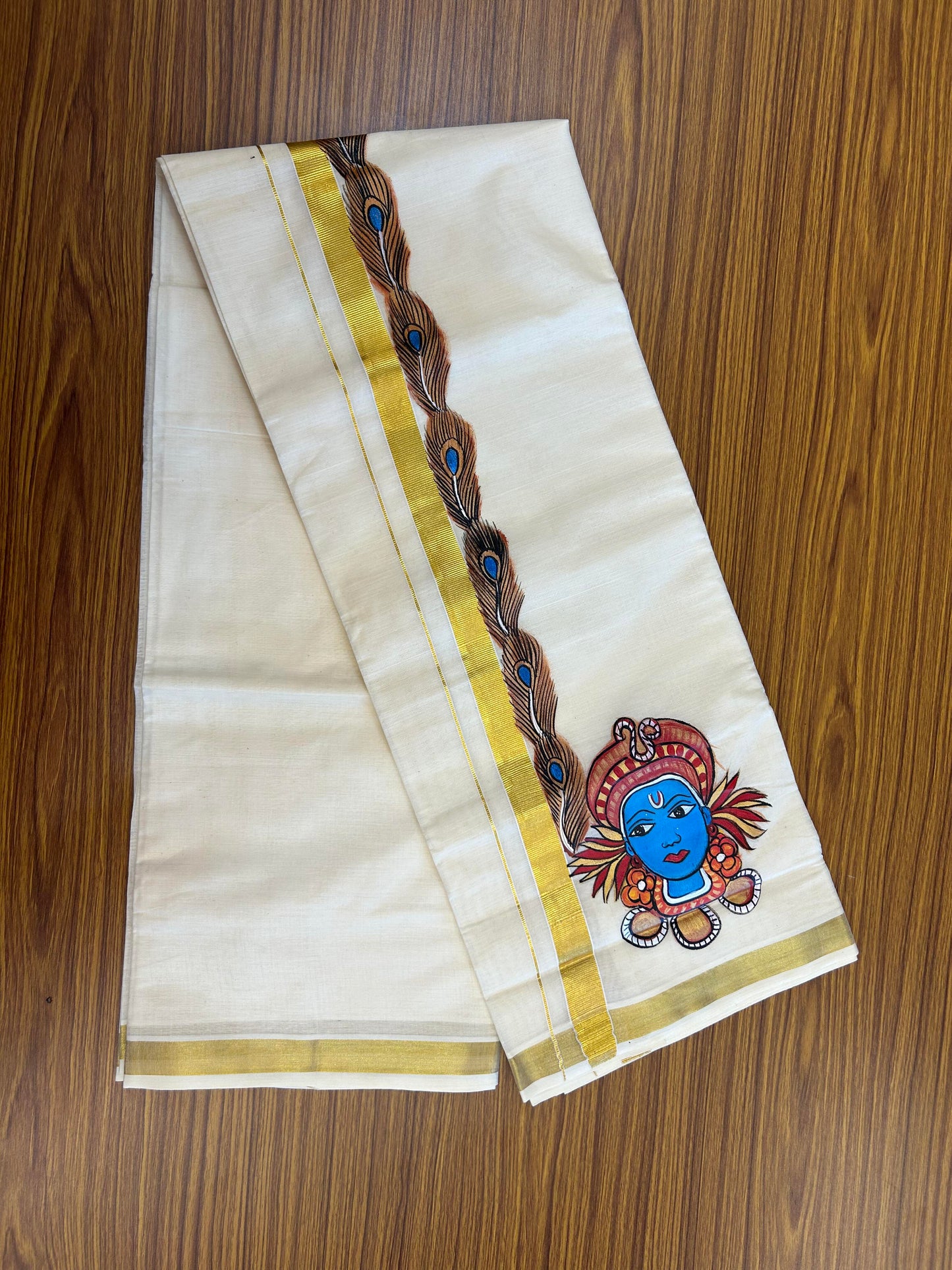 20% Discount! KaithariKada Balaramapuram 100% Cotton off white Double - (Unbleached) Mundu/Dhoti (80s) - 0.75 Inch Gold Kasavu Hand Painted Peacock Feather & Krishna - 38 KK5363 VIN