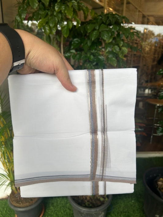 20% Discount !! Kaitharikada Balaramapuram 100% Cotton PURE WHITE DOUBLE Mundu/Dothi- 100X80 Thread - 0.5 inch - Silver Kasavu Black & Grey Brown Design Chutty Kara - 7KK5184RAMS