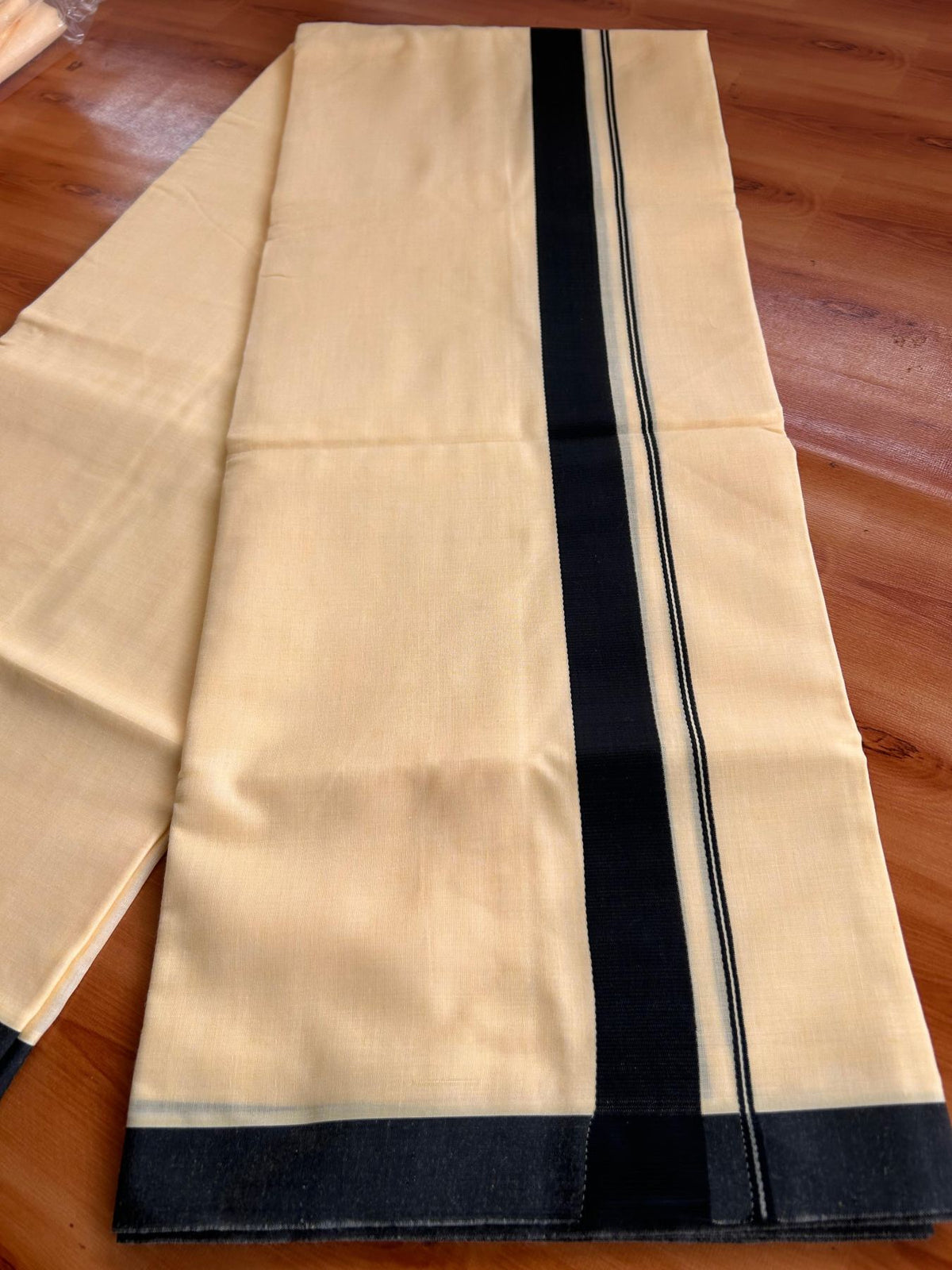 Kannur Yellow Double Mundu/Dhoti - 20% Discount! KaithariKada - 60s - 50% Cotton & 50% Polyester - Kannur Yellow Colour Body with 1.25 inch Black Kara - 4 mtr (8.5 muzham) - 2 KK5522 VAS